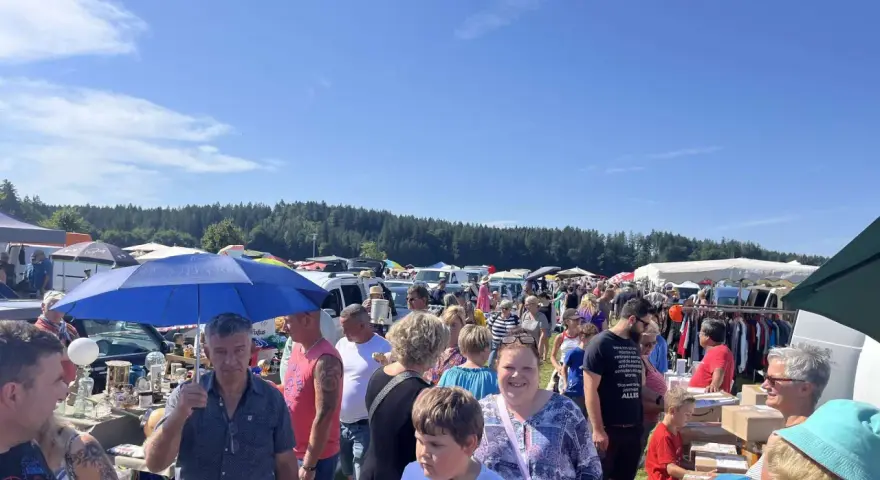 Buntes Treiben auf dem Flohmarkt Sellin. Menschen stöbern an Ständen unter blauem Himmel, im Hintergrund ein Wald.