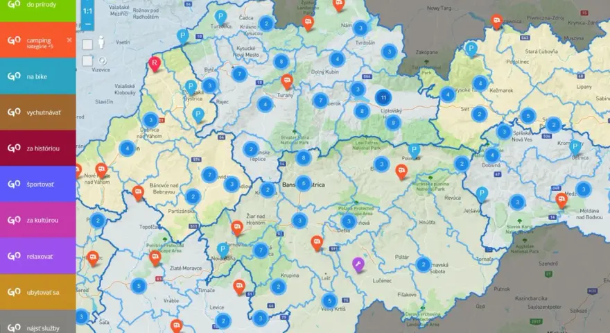 Mapa Słowacji z zaznaczonymi atrakcjami turystycznymi i kempingami.