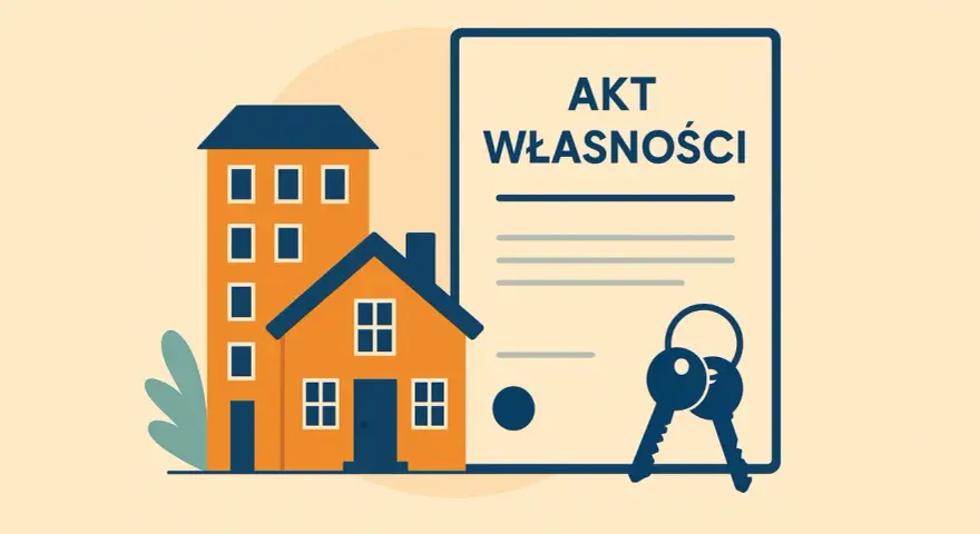 Akt własności i klucze symbolizują przekształcenie użytkowania wieczystego we własność. Dom i budynek obok.