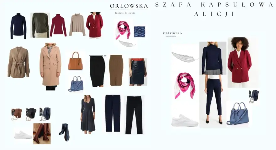 Kolekcja ubrań i akcesoriów tworzących szafę kapsułową. Znajdziesz tu płaszcz, marynarki, swetry, spódnice, spodnie, sukienkę, torebki, buty i paski.