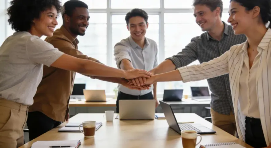 Une équipe diversifiée met les mains ensemble, symbolisant des idées simples de team building et l'unité.