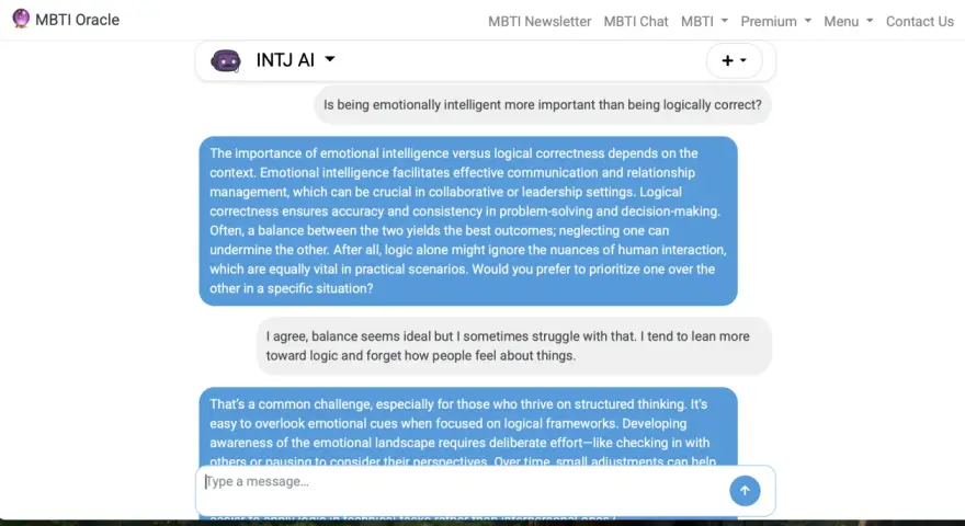 Rozmowa o inteligencji emocjonalnej vs. logicznej. INTJ AI omawia, jak INFJ inteligencja może pomóc w równoważeniu logiki z empatią.