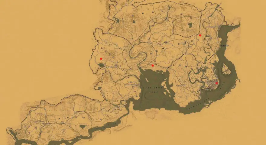 Mapa de Red Dead Redemption 2 con puntos rojos indicando ubicaciones de tramperos.