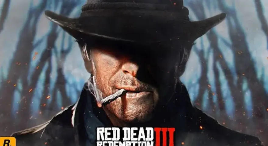 Mężczyzna w kapeluszu pali papierosa, w tle logo Red Dead Redemption III.