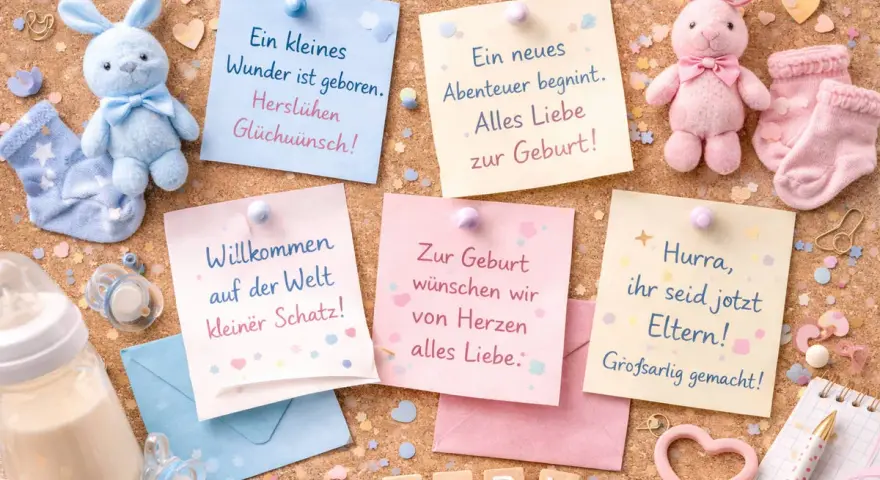 Kleine Hasen, Söckchen und Botschaften feiern die Geburt eines Jungen. Alles Liebe zur Geburt!