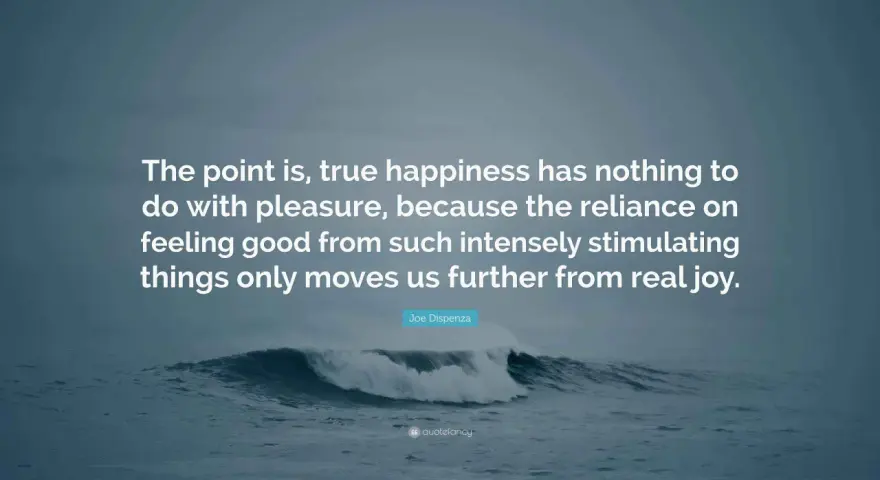 A quote by Joe Dispenza on a stormy ocean background, discussing true happiness and its sources beyond fleeting pleasure.