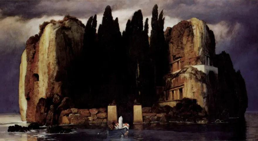 Le tableau "L'Île des morts" dépeint une île rocheuse sombre, bordée de cyprès, avec une barque transportant une figure solitaire vers un rivage mystérieux.