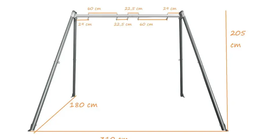 Wymiary huśtawki ogrodowej: szerokość 310 cm, głębokość 180 cm, wysokość 205 cm. Idealna do zrobienia huśtawki.