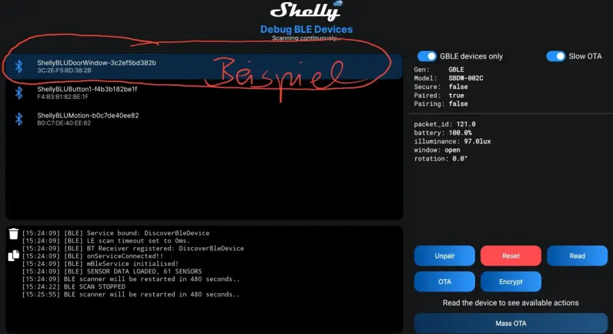 Shelly BLE Debug-Ansicht mit Geräten wie Shelly BLUDoorWindow. Ein Beispiel für die Verbindung eines Shelly Bridge-Geräts.