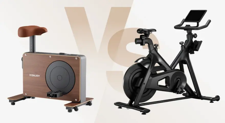 Comparing two stationary bikes: one with a wood finish and minimalist design, the other a sleek black model with a screen. Weighing the pros and cons of stationary bike workouts.