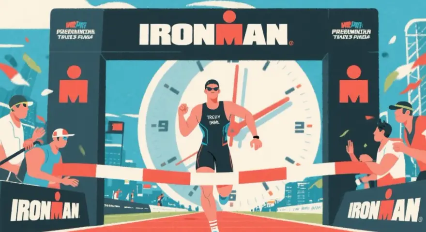 Un athlète franchit la ligne d'arrivée d'un Ironman, le temps s'arrête. Une image qui symbolise la nutrition et la performance.