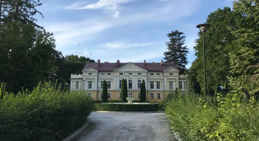 Pałac w Sasinie otoczony zielenią, z podjazdem i fontanną przed fasadą.