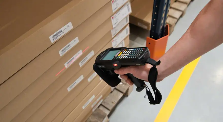 Mano escaneando cajas apiladas con un dispositivo, usando la **fórmula de Wilson** para optimizar el inventario.
