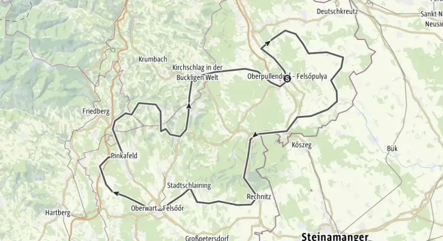 Mappa di un percorso in moto attraverso l'Ungheria e l'Austria, con tappe a Oberwart, Kőszeg e altri luoghi.