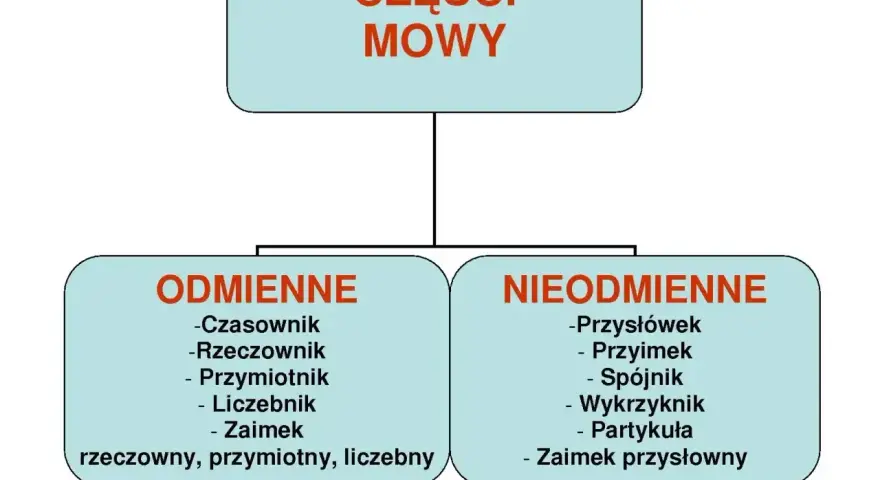 Schemat podziału części mowy na odmienne i nieodmienne.
