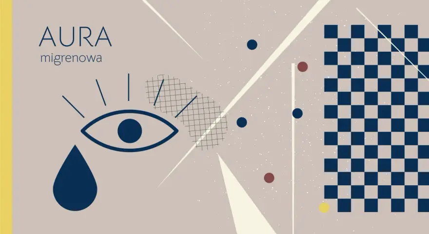 Aura migrenowa: czy migrena oczna jest niebezpieczna? Abstrakcyjny motyw z okiem, łzą i szachownicą.