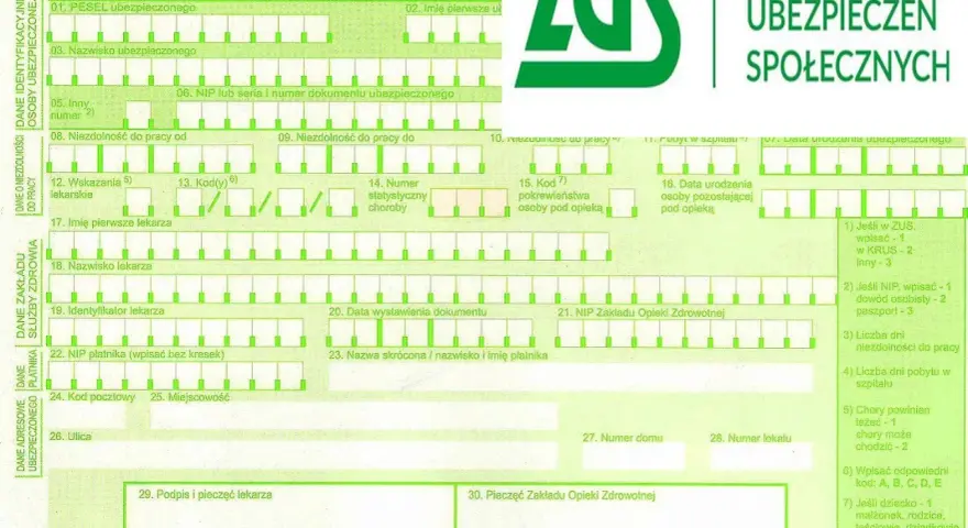 Formularz ZUS ZLA z zielonym logo ZUS i polami do wypełnienia.