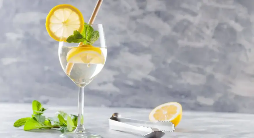 Orzeźwiające prosecco z tonikiem, ozdobione plasterkami cytryny i listkami mięty, z dodatkiem słomki.