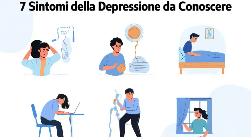 Illustrazioni di persone che mostrano sintomi di depressione e stanchezza: apatia, difficoltà a concentrarsi, isolamento, perdita di interesse.
