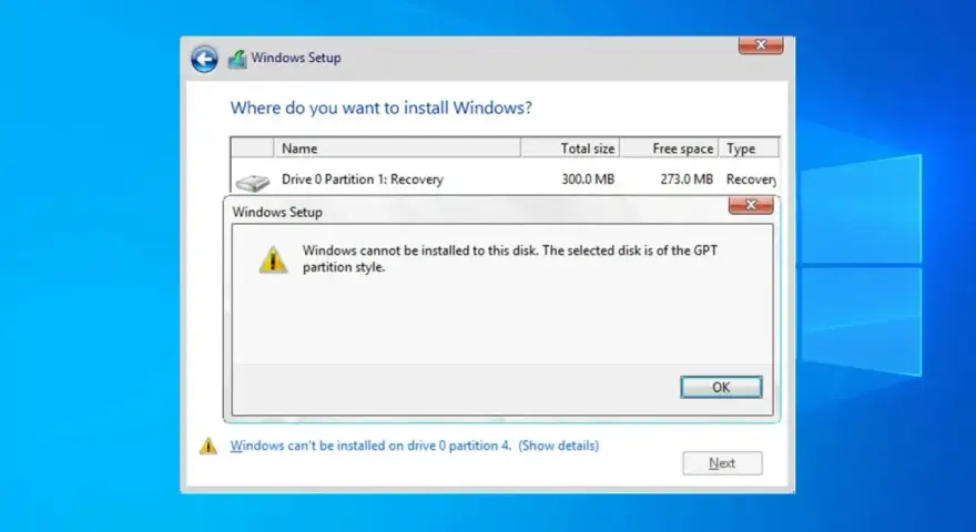 Komunikat błędu instalatora Windows: nie można zainstalować systemu Windows na tym dysku, ponieważ jest on w stylu partycji GPT.