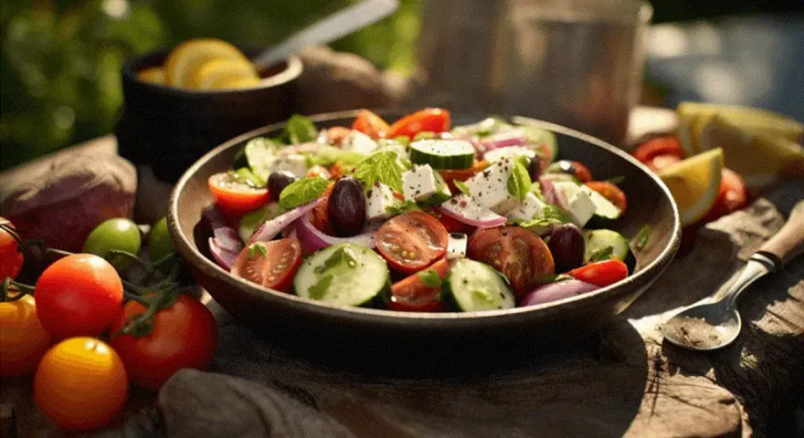 En härlig grekisk sallad med tomater, gurka, fetaost och oliver, serverad utomhus i solsken.