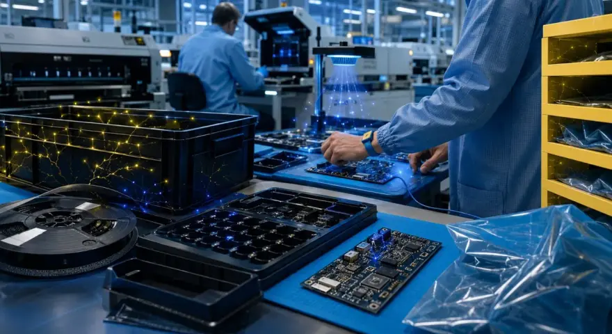 Workers in a cleanroom assemble electronics on a blue mat, surrounded by electrically safe plastics and components.