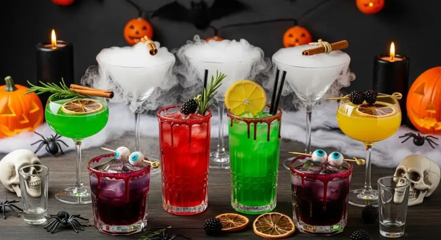 Gruselige Halloween Cocktails mit Alkohol: grüne, rote und gelbe Drinks, garniert mit Beeren und Zitronen. Nebel und Spinnen sorgen für Gruselstimmung.