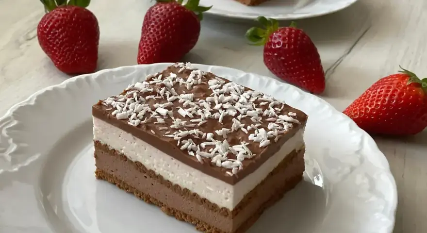 Szybkie ciasto z serkiem mascarpone, warstwowe, z polewą czekoladową i wiórkami kokosowymi, ozdobione świeżymi truskawkami.