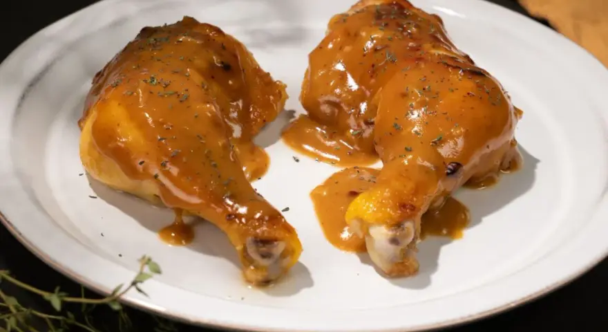 Dos jugosas piernas de pollo a la mostaza, cubiertas con una salsa dorada y espolvoreadas con hierbas, servidas en un plato blanco.