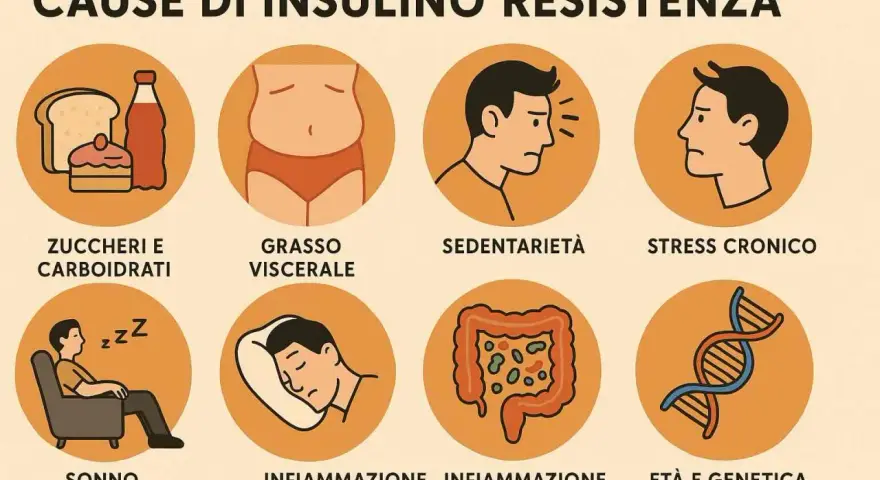 Cause di insulino resistenza: zuccheri, grasso viscerale, sedentarietà, stress, sonno insufficiente, infiammazione, età e genetica.