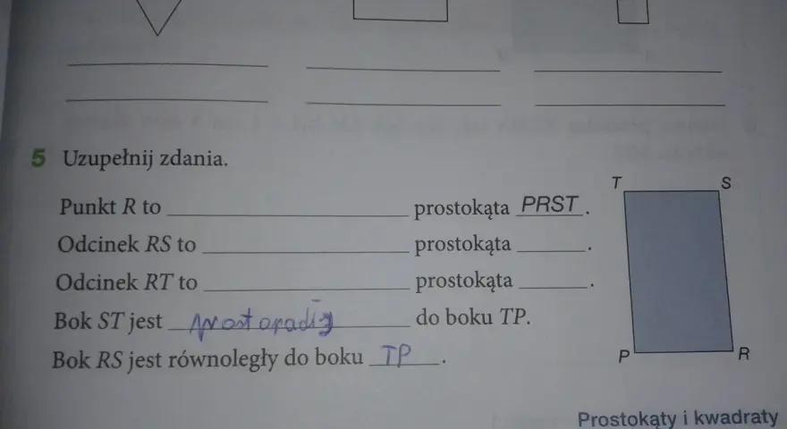 Uzupełnianie zadań o prostokątach. Proste pytania, trywialne odpowiedzi. Prostokąt PRST.