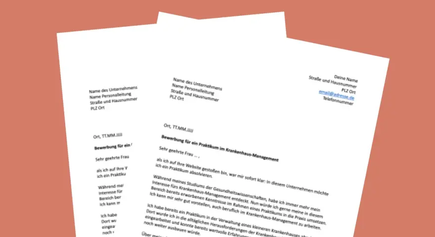 Bewerbung nach Praktikum: Dokumente mit Adressfeldern und Texten, die eine Bewerbung für ein Praktikum im Krankenhaus-Management beschreiben.