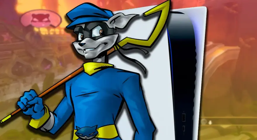 Sly Cooper 5, el astuto zorro ladrón, posa con su bastón junto a una consola PS5.
