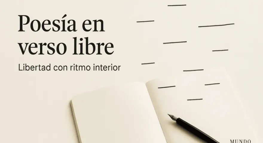 En öppen anteckningsbok med en fjäderpenna, redo att skriva dikter som rimmar. Texten "Poesía en verso libre" antyder frihet i skrivandet.