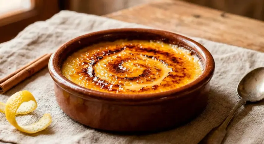 Crema catalana receta: postre con costra de caramelo tostado, canela y piel de limón.