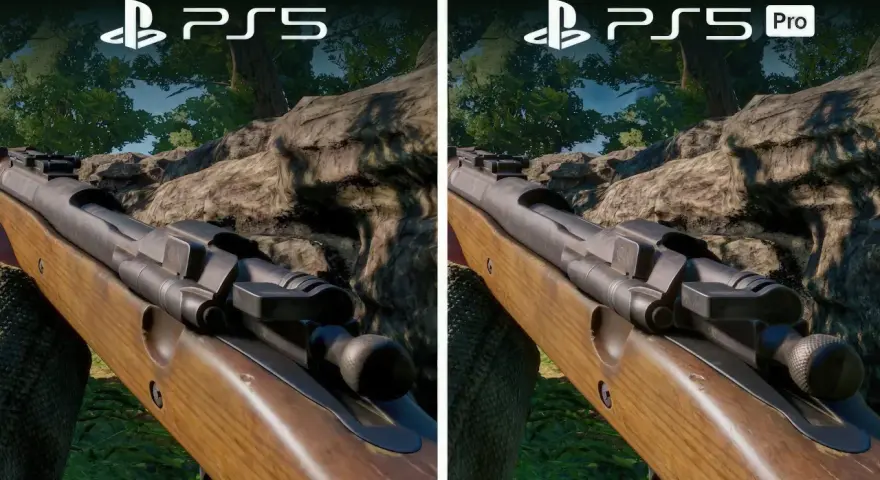 Porównanie grafiki War Thunder na PS5 i PS5 Pro. Widok z perspektywy pierwszej osoby na karabin w lesie.
