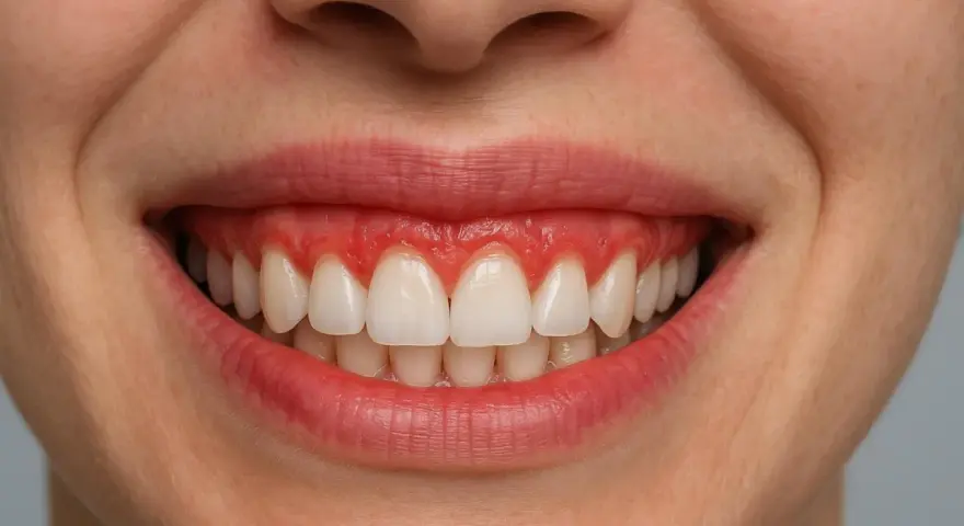 Uśmiech z widocznymi dziąsłami, które nadają mu charakterystyczny "gummy smile".