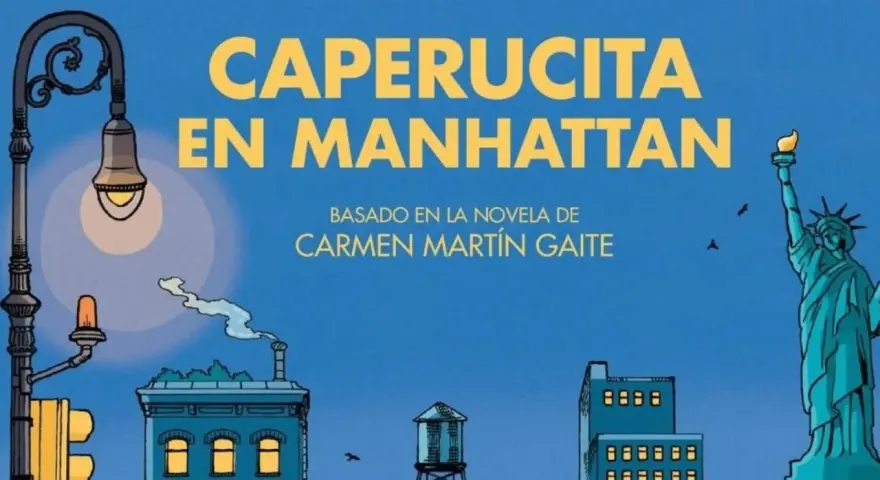 Ilustración de "Caperucita en Manhattan", con la Estatua de la Libertad y edificios neoyorquinos.