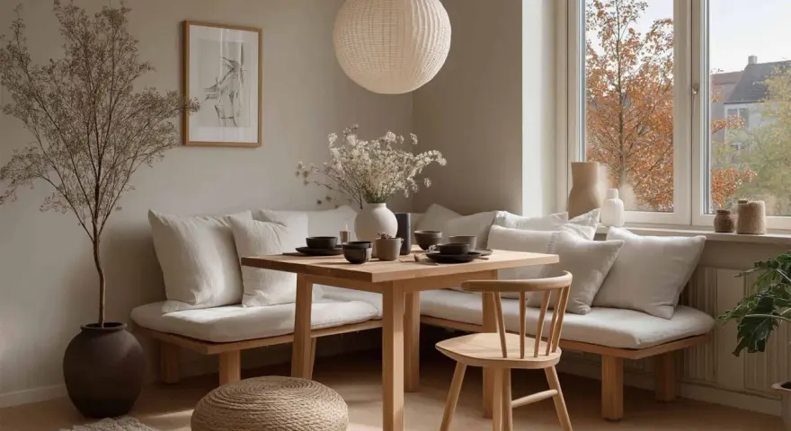 Gemütliche Ecke mit Holztisch, Bank und Stuhl. Tolle Ideen für ein kleines Esszimmer einrichten, mit Deko wie Vase und Bild.