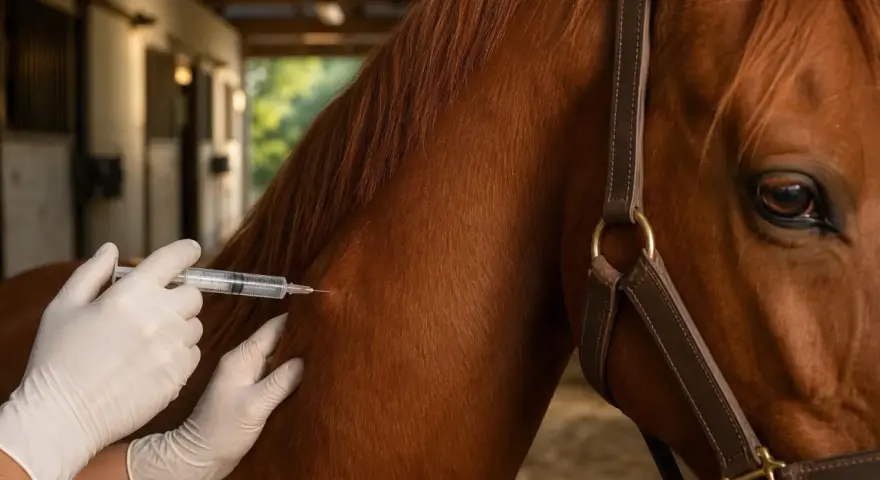 Un vétérinaire administre un vaccin à un cheval brun dans une écurie.