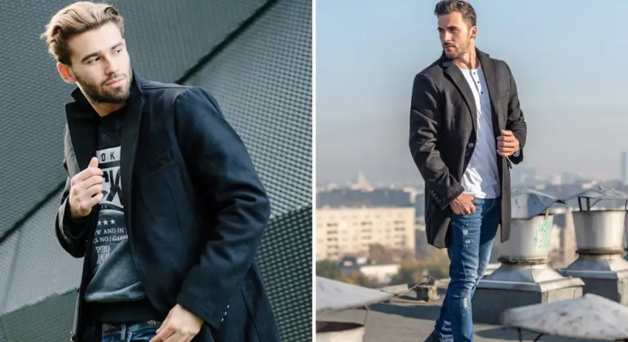 Mężczyzna w stylowych stylizacjach z czarnym płaszczem, prezentujący miejski szyk.