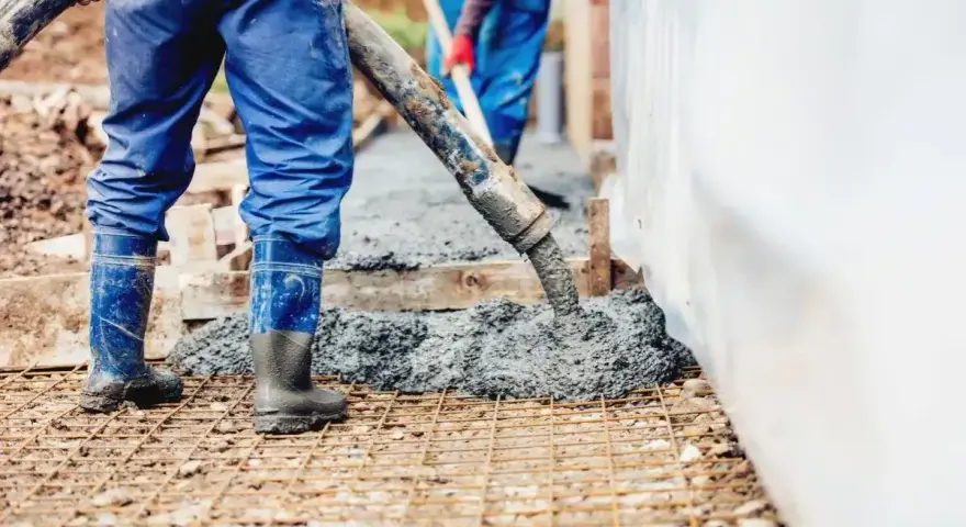Pracownicy wylewają beton na zbrojenie. Sprawdź aktualny suchy beton cena 1m3.