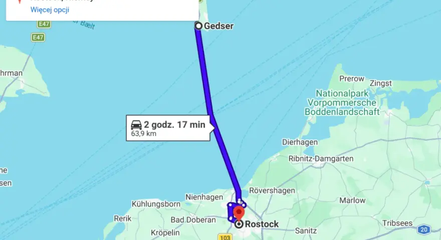 Trasa prom Rostock - Gedser. Podróż trwa 2 godz. 17 min, dystans 63,9 km.