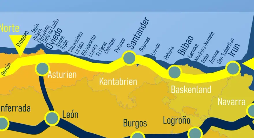 Karte des Jakobswegs in Nordspanien. Der Camino del Norte führt von Ribadeo über Oviedo, Santander und Bilbao nach Irun.