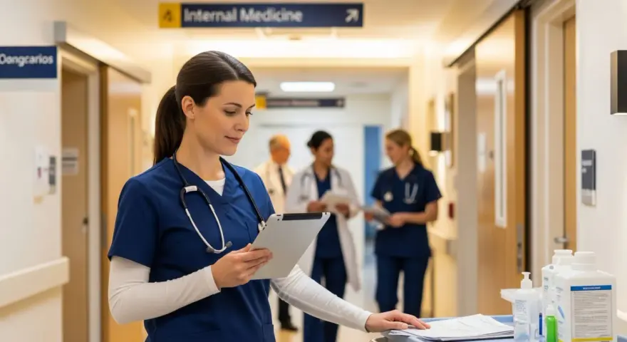 Pielęgniarka z tabletem w szpitalnym korytarzu, gdzie widnieje tabliczka "Internal Medicine". W tle inni pracownicy medyczni.