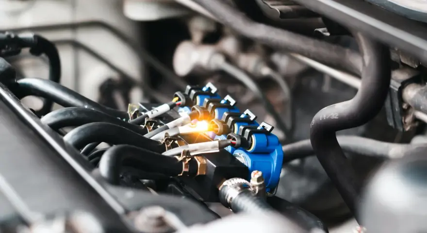 Close-up of a car's engine, focusing on a blue fuel injector rail with glowing orange light. This image might help you understand the fuel injector replacement cost.