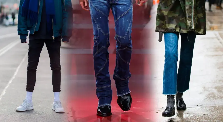 Tre persone mostrano diversi stili di pantaloni: skinny fit neri, jeans a sigaretta con cuciture a vista e jeans a zampa con orlo sfrangiato.