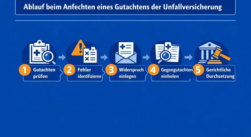 Schritte zur Anfechtung eines Gutachtens der Unfallversicherung: Gutachten prüfen, Fehler identifizieren, Widerspruch einlegen, Gegengutachten einholen, gerichtliche Durchsetzung. Nützliche Tipps für Ihr Gutachten.