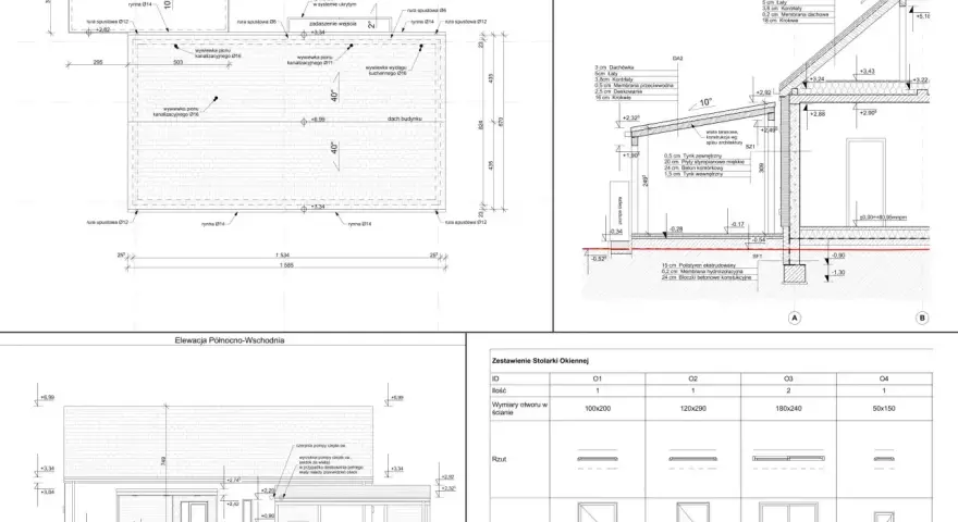 Projekt budowlany zawiera rzuty, przekroje i elewacje, które pokazują z czego składa się projekt budowlany, w tym detale konstrukcyjne i stolarkę okienną.
