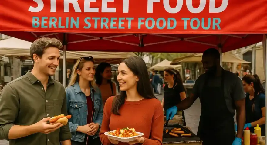 Glückliche Menschen genießen Hotdogs und Pommes auf einem Street Food Festival in Berlin.